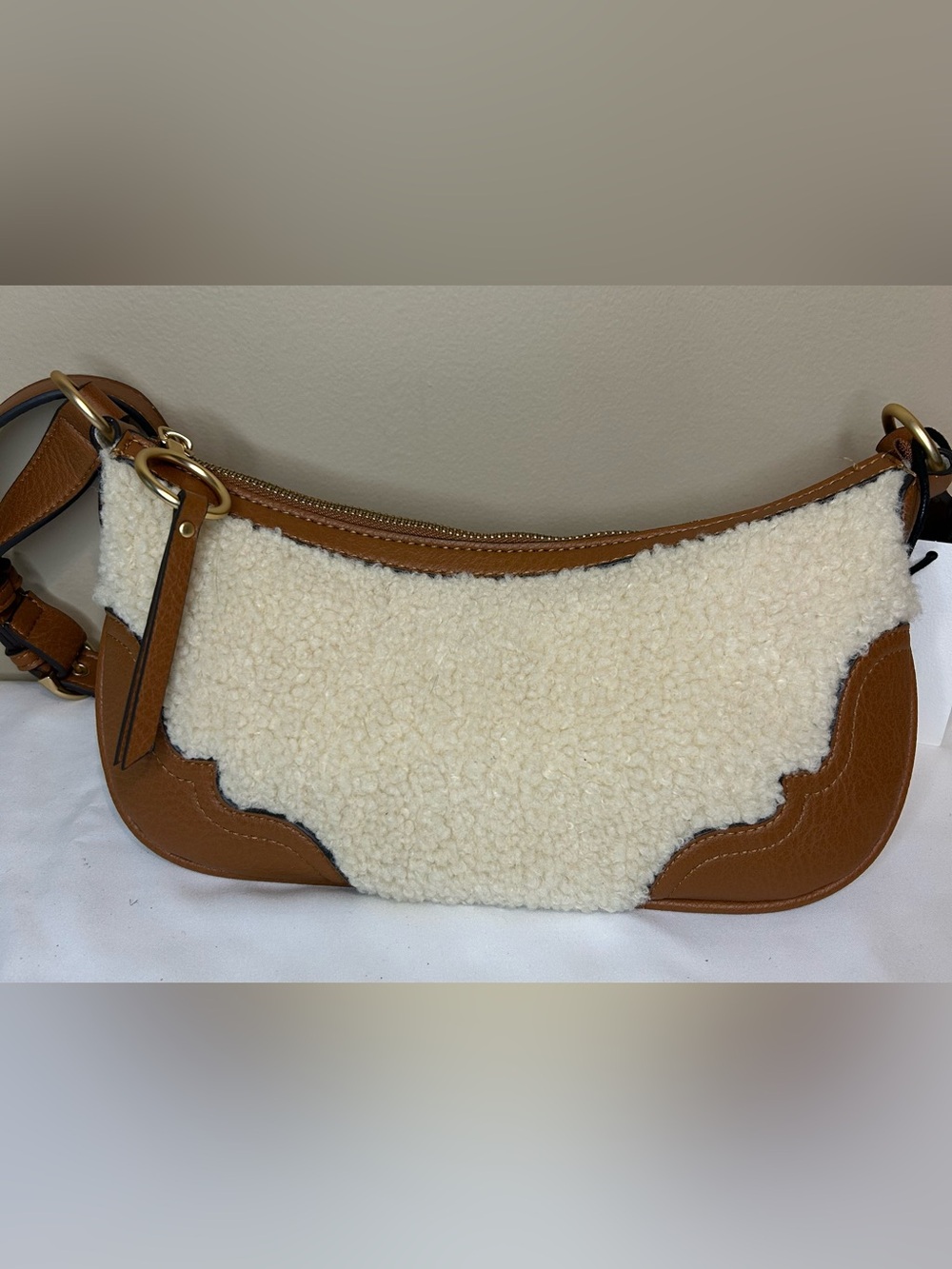 Jessica Simpson Cream Shearling and Tan Leather Shoulder Bag